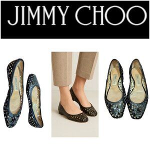 Jimmy Choo Laser Cut Pointed Toe Flats Black Patent Leather Shoes Size 36.5